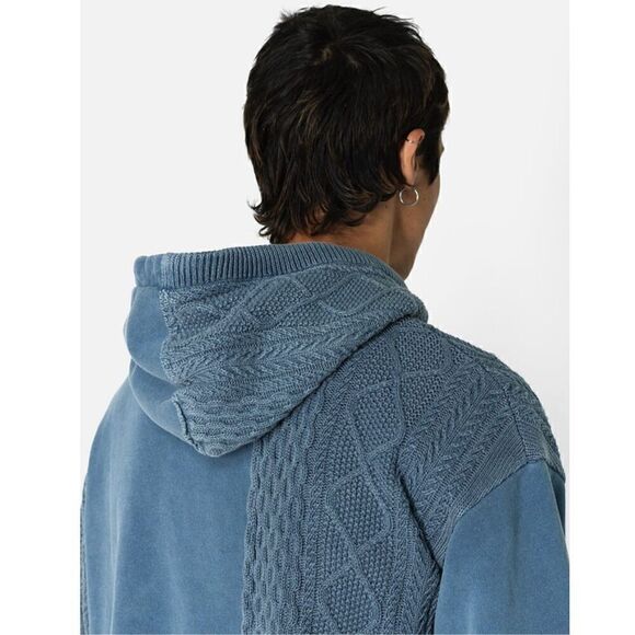 JOHN ELLIOTT Cable Knit 100% Cotton Reconstructed Hoodie in Washed Blue NWT Size - Picture 5 of 13